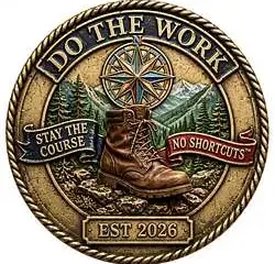 Do The Work Stay The Course No Shortcuts leadership challenge coin logo